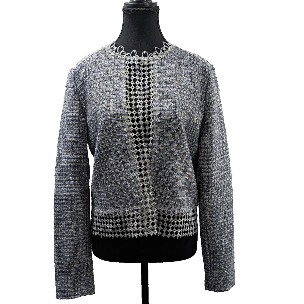 T TAHARI Blue Silver Metallic Poly Tweed Jacket Meggy Lace Trim Crop Blazer 8